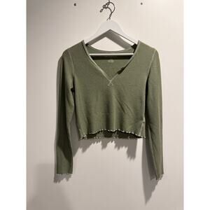 American Eagle Olive Green Crop Top Long Sleeve Waffle Knit Women M